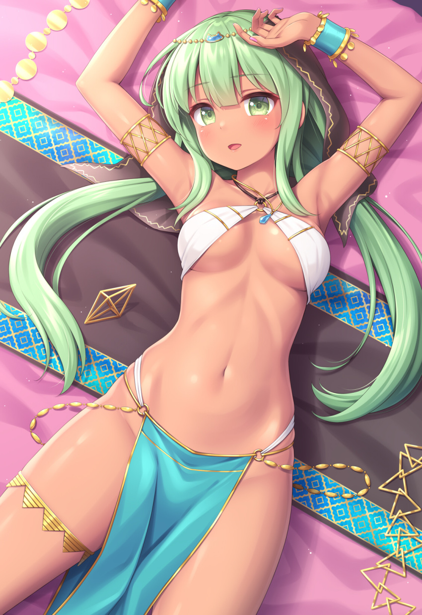 1girl armlet armpits arms_up bare_shoulders bed bikini bikini_top_only bracelet breasts criss-cross_halter dancer dark-skinned_female dark_skin gold_trim green_eyes green_hair halterneck highres jewelry long_hair looking_at_viewer low_twintails lying medium_breasts midriff navel no_panties on_back on_bed open_mouth original pelvic_curtain revealing_clothes sasaame smile solo stomach swimsuit thighlet thighs twintails veil white_bikini