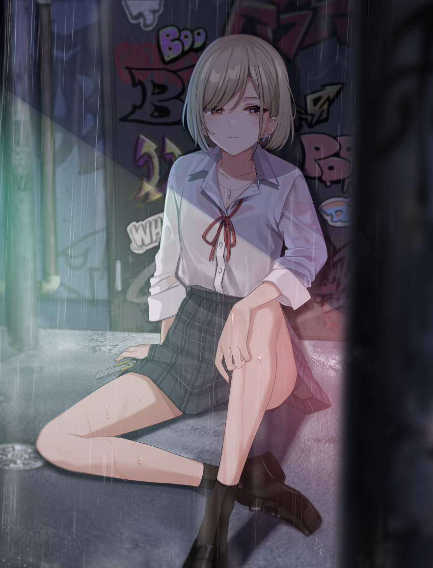 1girl absurdres alley blonde_hair brown_eyes ear_piercing earrings graffiti hands_on_own_knees highres holding holding_knife jewelry knife necklace original piercing pleated_skirt rain school_uniform shigure_ui sitting skirt uniform