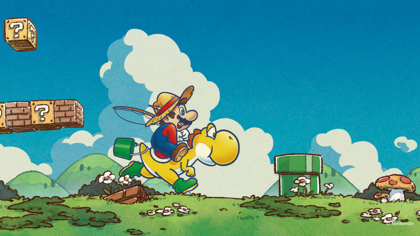 1boy ?_block blue_eyes blue_overalls boots brown_footwear brown_hair bucket cloud facial_hair fishing_rod flower from_side gloves grass green_footwear hat highres holding holding_fishing_rod mario mario_(series) mushroom mustache official_art open_mouth outdoors overalls short_hair teeth upper_teeth_only warp_pipe white_flower white_gloves yoshi