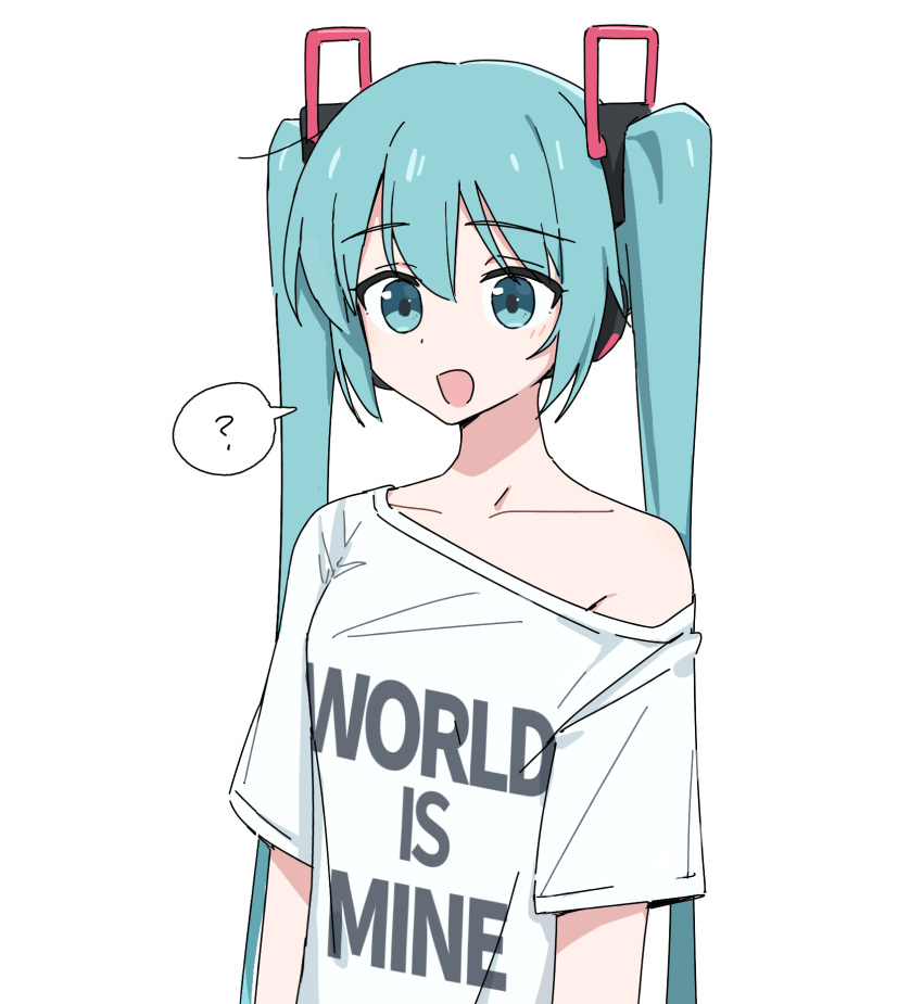 1girl ? aqua_eyes aqua_hair bocchi_the_rock! clothes_writing commentary english_text hair_ornament hatsune_miku hatsune_miku_(vocaloid4) headphones highres long_hair off_shoulder open_mouth parody parody_request shirt short_sleeves single_bare_shoulder solo spoken_question_mark style_parody t-shirt tanosii_chan twintails upper_body v4x very_long_hair vocaloid white_background white_shirt