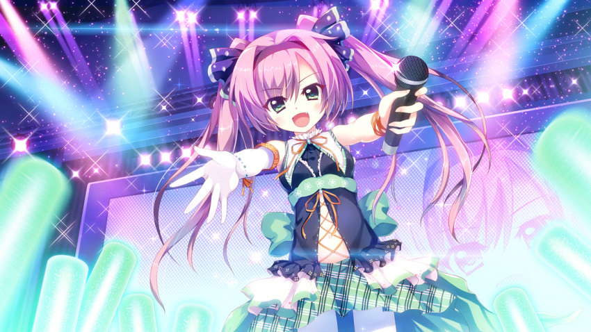 1girl aqua_bow back_bow blue_dress blue_skirt bow breasts ceiling clothes colored_lights concert cross-laced_clothes cross-laced_dress dress elbow_gloves fang film_grain frilled_skirt frills from_below game_cg gloves glowstick green_eyes holding holding_microphone idol idol_clothes izumi_tsubasu layered_skirt leggings long_hair microphone misaki_sango multicolored_clothes multicolored_skirt navel non-web_source official_art open_mouth plaid plaid_skirt purple_hair re:stage! reaching_towards_viewer screen single_elbow_glove single_glove skirt small_breasts smile solo sparkle stage stage_curtains stage_lights stomach twintails white_gloves white_leggings white_skirt white_wristband