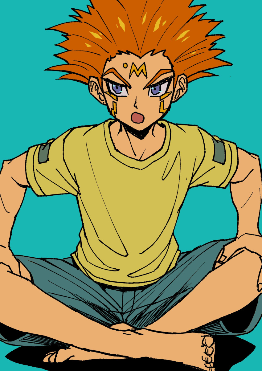 1boy absurdres annoyed barefoot blue_background blue_eyes blue_shorts crossed_legs crow_hogan facial_mark facial_tattoo facing_viewer flat_color forehead_mark hands_on_own_knees highres leaning_forward male_focus marking_on_cheek open_mouth orange_hair shirt shorts simple_background solo spiked_hair t-shirt tattoo thick_eyebrows yellow_shirt youko-shima yu-gi-oh! yu-gi-oh!_5d's