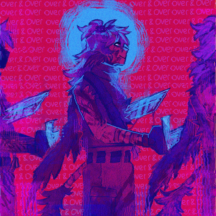 1girl bird_wings blood blood_on_arm blood_on_clothes blood_on_face blood_on_weapon colored_skin distortion dual_persona english_text film_grain fruiiitbowl glitch highres holding holding_sword holding_weapon jaiden_animations limited_palette long_hair neon_palette pants pink_skin purple_hair purple_pants purple_shirt purple_wings quackity_smp shirt stab sword tail torn_clothes weapon wings