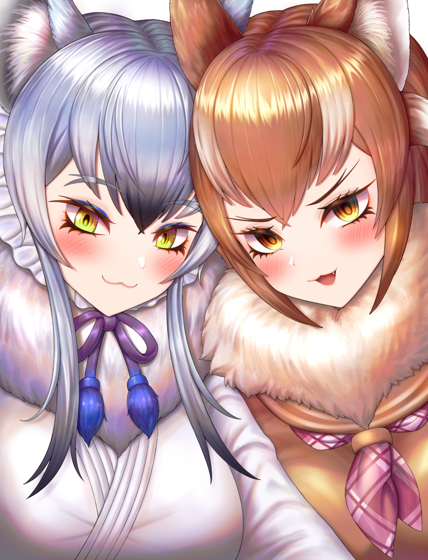 2girls :3 absurdres animal_ear_fluff animal_ears blush bone_necklace breasts brown_eyes brown_hair closed_mouth extra_ears fang forked_eyebrows fur_collar glowing glowing_hair grey_hair hair_between_eyes heart highres japanese_wolf_(kemono_friends) kemono_friends kemono_friends_3 long_hair long_sleeves looking_at_viewer makami_(kemono_friends) multicolored_hair multiple_girls neckerchief neukkom open_mouth plaid_neckerchief short_hair_with_long_locks smile two-tone_hair white_hair wolf_ears wolf_girl yellow_eyes