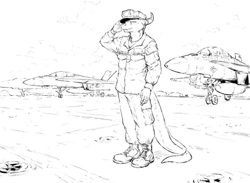 2022 anthro boots clawed_fingers clothing cloud cloudscape decal dragon f-18 fighterjet footwear gesture hat headgear headwear horn hotchkisstank line_art male military_cap military_uniform runway salute scalie sky smile solo tail uniform wheel