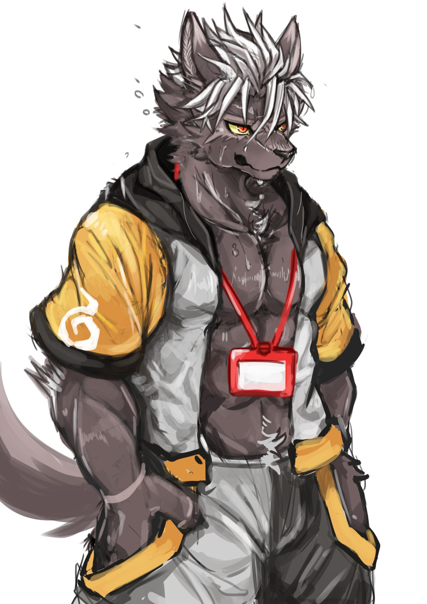 absurd_res anthro ao_gravity canid canine canis clothed clothing domestic_dog fur hand_in_pocket hi_res lifewonders looking_aside male mammal open_clothing open_shirt open_topwear pockets shirt simple_background solo standing tadatomo tokyo_afterschool_summoners topwear wet wet_body wet_fur white_background