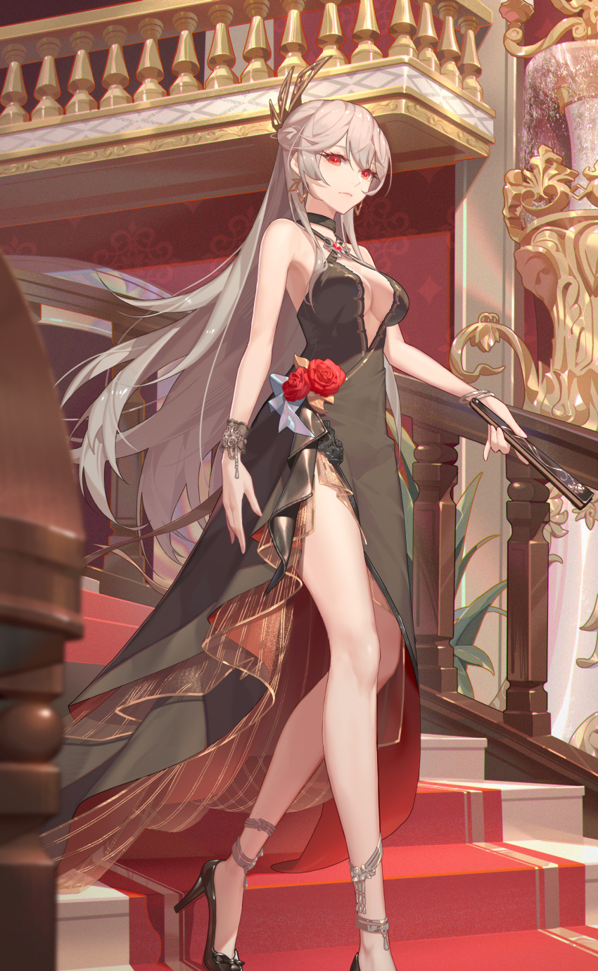 1girl absurdres bare_shoulders black_dress breasts cleavage crazy_ones dress flower formal grey_hair high_heels highres long_hair official_art red_carpet red_eyes red_flower red_rose rose solo stairs stiletto_heels walking xia_bing_(crazy_ones)