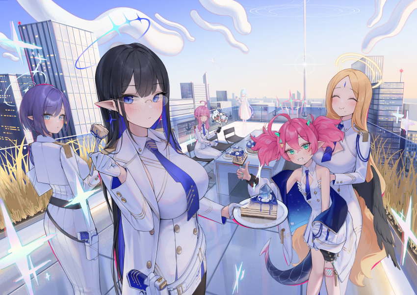 6+girls ^_^ absurdres ahoge aoi_(blue_archive) ayumu_(blue_archive) black_hair black_pantyhose blonde_hair blue_archive blue_hair blue_necktie building cake cake_slice cleavage_cutout closed_eyes clothing_cutout coat colored_inner_hair dong_ji dress food fork general_student_council_president_(blue_archive) glasses gloves haine_(blue_archive) halo highres holding holding_fork holding_saucer kaya_(blue_archive) looking_at_viewer momoka_(blue_archive) multicolored_hair multiple_girls necktie pantyhose parted_bangs perspective pink_hair pointy_ears purple_hair rimless_eyewear rin_(blue_archive) rooftop saucer short_hair skirt sumomo_(blue_archive) twintails two-tone_hair white_coat white_dress white_gloves white_skirt