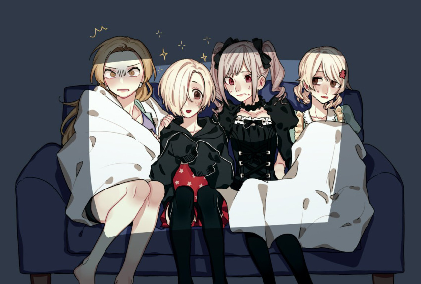 4girls ^^^ barefoot black_hoodie black_thighhighs blush couch drill_hair forehead gothic_lolita hair_over_one_eye hood hoodie idolmaster idolmaster_cinderella_girls juliet_sleeves kanzaki_ranko lolita_fashion long_sleeves looking_at_another looking_at_viewer matsunaga_ryo morikubo_nono multiple_girls on_couch one_eye_covered oshinomiya puffy_sleeves scared shirasaka_koume sideways_glance sitting sleeves_past_fingers sleeves_past_wrists smile sparkle sweatdrop thighhighs turn_pale twintails watching wide-eyed