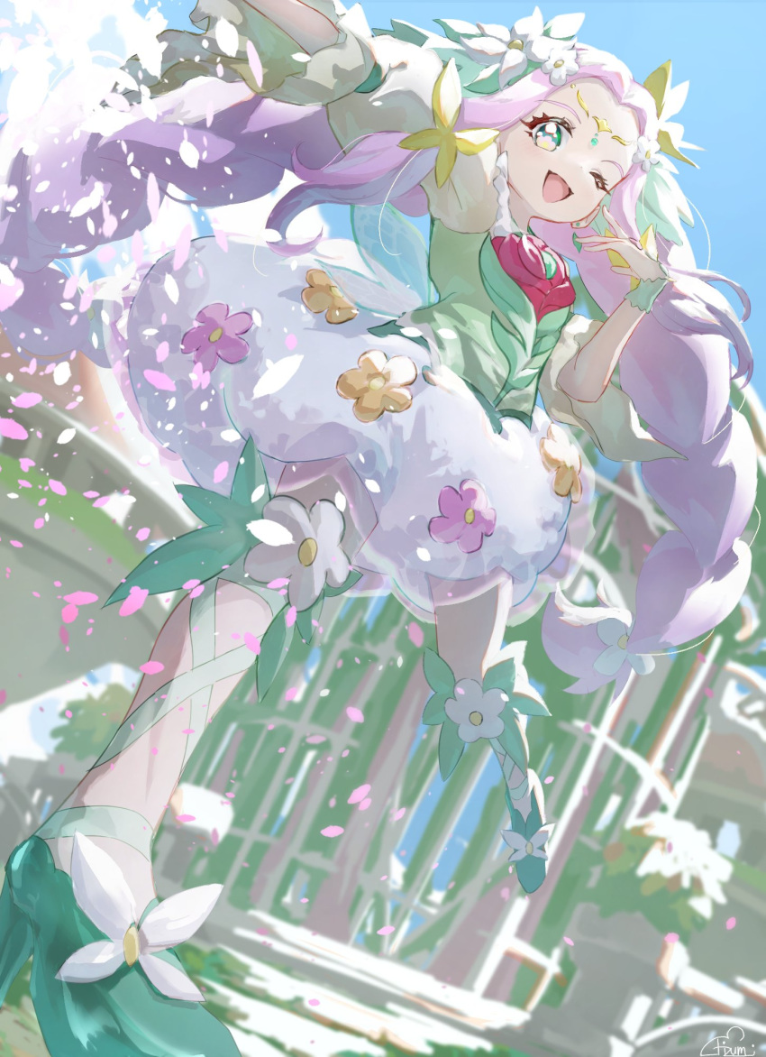 1girl braid bubble_skirt butterfly_brooch choker cure_felice day dress_flower earrings flower flower_in_eye garden green_choker green_eyes green_footwear green_ribbon hair_flower hair_ornament hanami_kotoha highres hizumi_(cyndaquil_hzm) jewelry leg_ribbon long_hair looking_at_viewer magical_girl mahou_girls_precure! multicolored_eyes open_mouth outdoors petals pink_hair precure ribbon skirt smile solo symbol_in_eye twin_braids