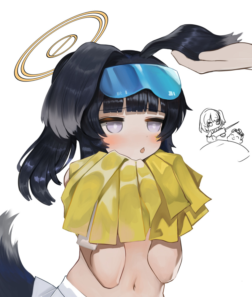 1girl 1other absurdres animal_ears arona's_sensei_doodle_(blue_archive) black_hair blue_archive blush chestnut_mouth commentary_request dog_ears dog_girl dog_tail dokomon goggles goggles_on_head grey_eyes halo hands_up hibiki_(blue_archive) hibiki_(cheerleader)_(blue_archive) highres holding holding_ear korean_commentary long_hair navel parted_lips pleated_skirt pom_pom_(cheerleading) ponytail sensei_(blue_archive) simple_background skirt tail under_covers white_background white_skirt