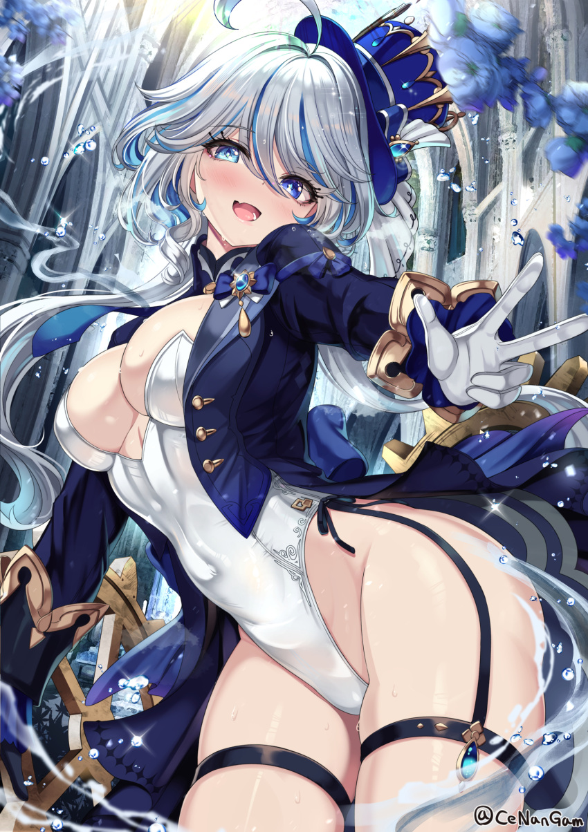 1girl blue_eyes blue_hair blue_headwear blush breasts cenangam cleavage cowlick furina_(genshin_impact) genshin_impact hat highres large_breasts light_blue_hair long_hair looking_at_viewer multicolored_hair open_mouth smile solo streaked_hair swept_bangs thighs top_hat water white_hair