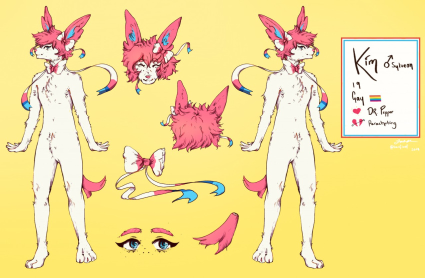 anthro blue_eyes eeveelution eyebrows eyes_closed featureless_crotch front_view fur generation_6_pokemon glistening glistening_eyes hair lionfloof male model_sheet mouth_closed nintendo nude pink_ears pink_eyebrows pink_hair pink_nose pokemon pokemon_(species) simple_background solo standing sylveon white_body white_fur yellow_background