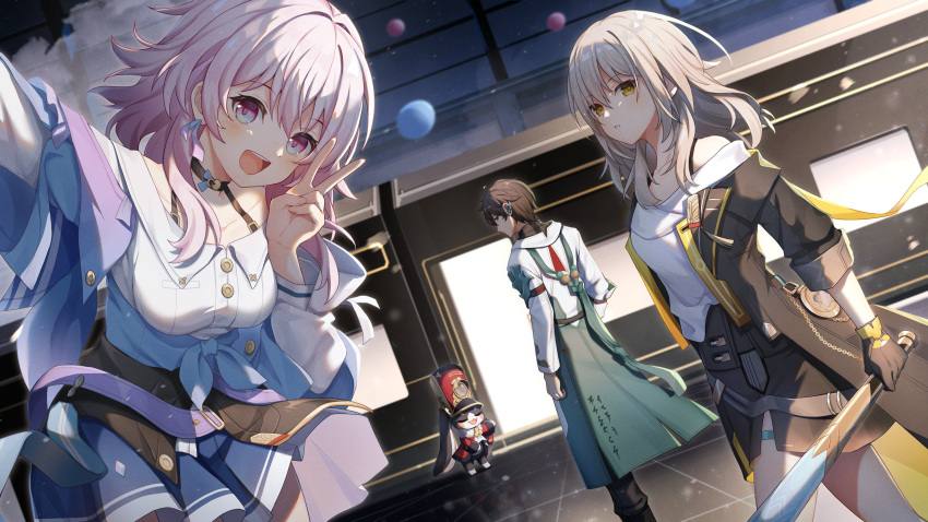 1boy 2girls :d absurdres arm_up bangs black_gloves black_jacket blue_skirt brown_eyes brown_hair character_request collarbone commentary_request dutch_angle gloves grey_hair ground_vehicle hair_between_eyes hand_up highres holding honkai:_star_rail honkai_(series) jacket koki_(latte1023) long_sleeves looking_at_viewer multiple_girls open_clothes open_jacket pink_hair pleated_skirt puffy_long_sleeves puffy_sleeves red_eyes selfie shirt skirt smile train v white_shirt