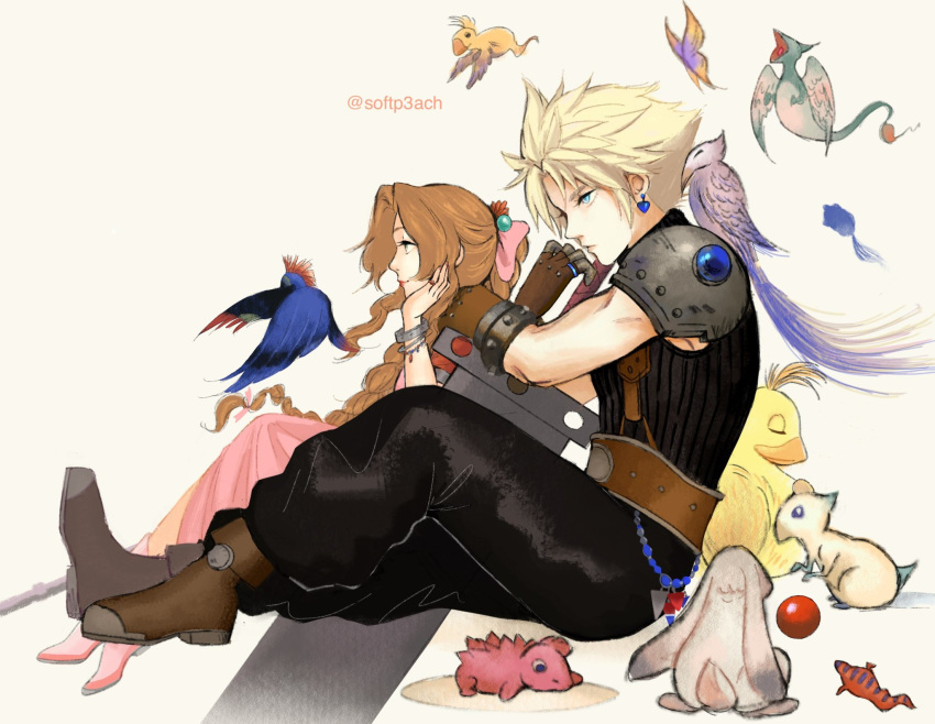 1boy 1girl aerith_gainsborough armor baggy_pants bangle belt bird black_pants black_shirt blonde_hair blue_eyes boots bracelet braid braided_ponytail brown_belt brown_footwear brown_gloves brown_hair bug buster_sword butterfly chocobo cloud_strife dress earrings final_fantasy final_fantasy_vii full_body gloves hair_bobbles hair_ornament hair_ribbon hand_on_own_cheek hand_on_own_face highres jacket jewelry light_smile long_dress long_hair materia official_alternate_costume pants parted_bangs pink_dress pink_footwear pink_ribbon rabbit red_jacket ribbon ring shirt short_hair shoulder_armor sidelocks single_braid sitting sleeveless sleeveless_turtleneck softp3ach spiked_hair suspenders turtleneck twitter_username wavy_hair