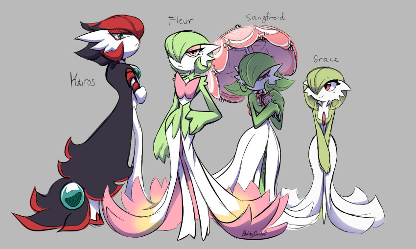 blush bored female frown fusion gardevoir gem generation_3_pokemon generation_5_pokemon group hi_res humanoid hybrid male markings mole_under_eye nervous nintendo pink pokemon pokemon_(species) pokemon_fusion sketchygarden smile umbrella zoroark