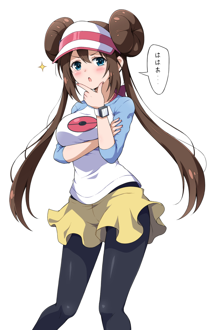 1girl :o absurdres arm_under_breasts black_pantyhose blue_eyes blush breasts brown_hair commentary double_bun doughnut_hair_bun eggman_(pixiv28975023) fingernails hair_bun hand_on_own_chin highres large_breasts legwear_under_shorts long_hair looking_at_viewer nail_polish open_mouth pantyhose pink_nails poke_ball_print pokemon pokemon_(game) pokemon_bw raglan_sleeves rosa_(pokemon) shirt shorts simple_background sleeves_past_elbows solo sparkle speech_bubble standing stroking_own_chin translation_request twintails visor_cap watch white_background white_headwear wristwatch yellow_shorts