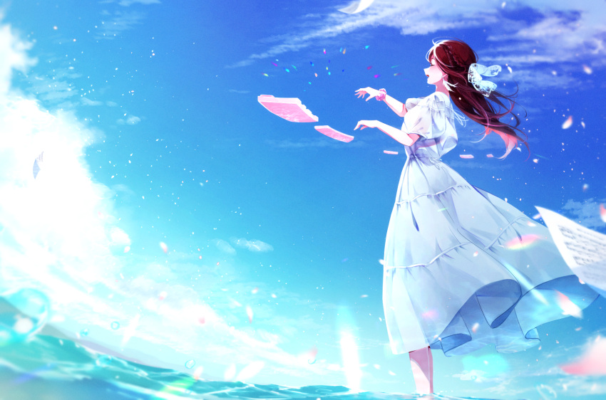 1girl blue_sky cloud commentary_request dress dress_ribbon floating_hair flying_paper hair_ornament highres instrument long_hair love_live! love_live!_sunshine!! music paper pink_bracelet playing_instrument red_hair revision ribbon sakurauchi_riko scenery sheet_music sky toto_(sa-dosama) wading white_dress white_ribbon