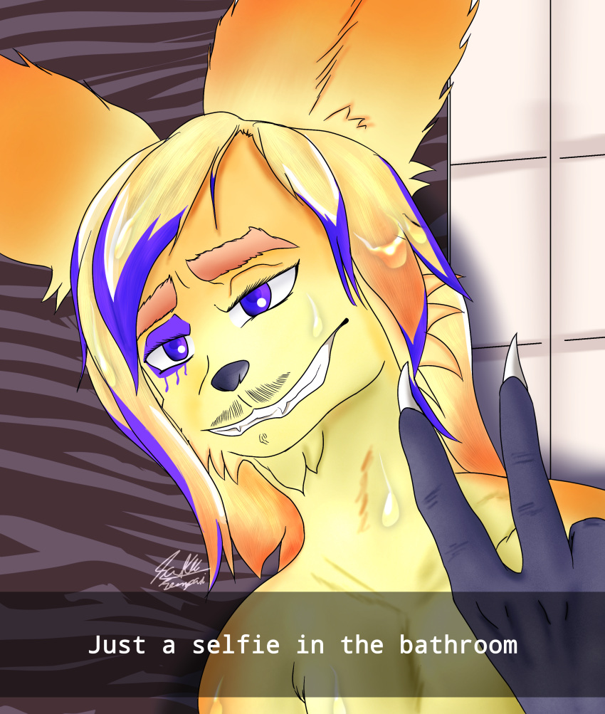 absurd_res andromorph anthro bathroom canid canine fennec fox hair heisen hi_res intersex male mammal purple_eyes raku rakusenpai selfie shower smile solo tattoo yellow