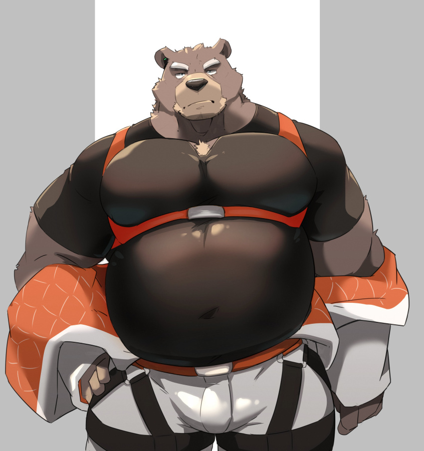 2023 absurd_res anthro bear belly big_belly black_nose brown_body cromren hi_res humanoid_hands kemono male mammal musclegut overweight overweight_male simple_background solo