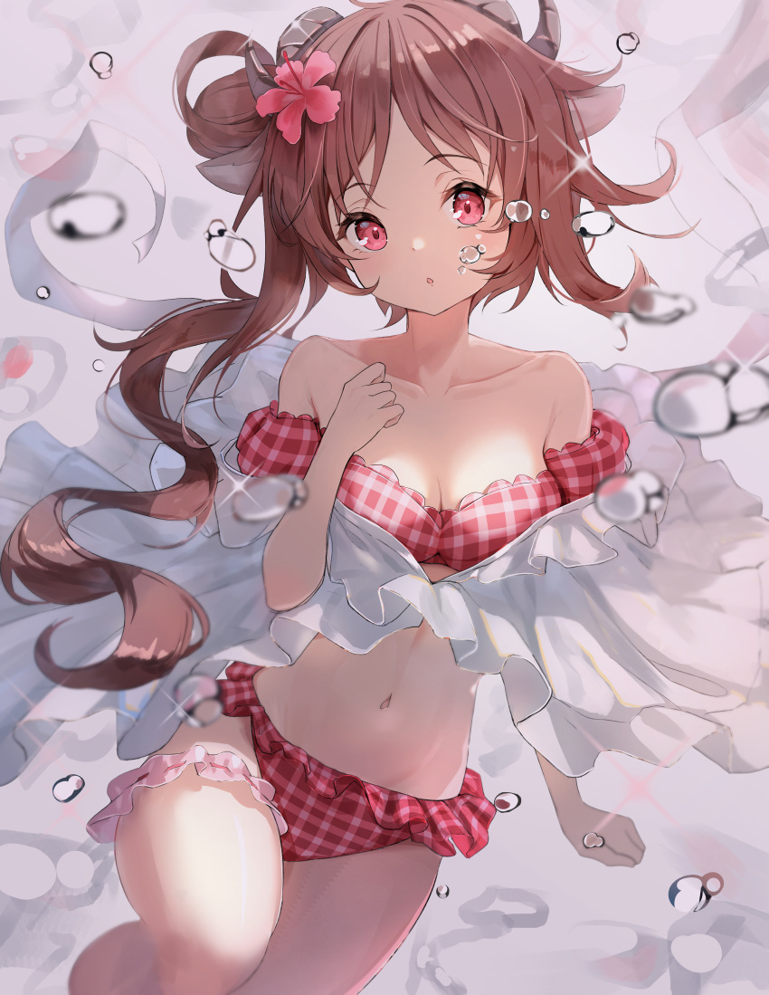 1girl absurdres air_bubble animal_ears arknights arm_up bare_shoulders bikini breasts bridal_garter brown_hair bubble eyjafjalla_(arknights) eyjafjalla_(summer_flowers)_(arknights) flower hair_flower hair_ornament hibiscus highres horns korean_commentary long_hair navel off-shoulder_bikini off_shoulder official_alternate_costume pink_bikini pink_eyes pink_flower plaid plaid_bikini sheep_ears sheep_girl sheep_horns solo swimsuit swimsuit_cover-up three_twosix