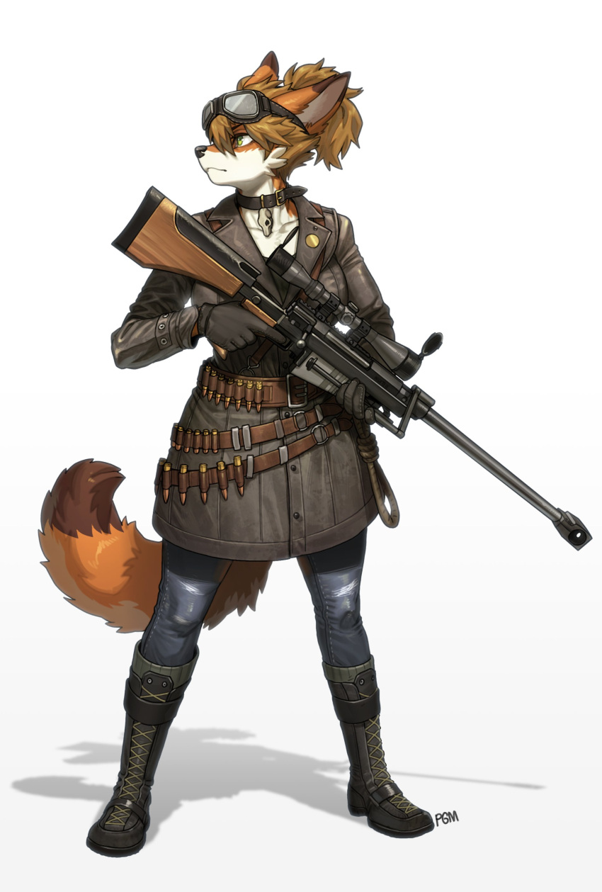 2023 absurd_res anthro anti_material_rifle belt bethesda_softworks boots bottomwear canid canine clothing coat collar dipstick_ears dipstick_tail eyebrows eyelashes eyewear eyewear_on_head fallout fallout_nv female footwear fox fur gloves goggles goggles_on_head green_eyes gun hair handwear hi_res mammal markings multicolored_ears orange_body orange_fur pants pgm300 ponytail ranged_weapon rifle scope short_hair simple_background solo standing tail tail_markings topwear weapon white_background white_body