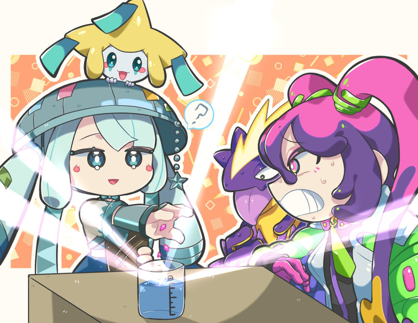 2girls :d ? blonde_hair blue_eyes blue_hair blue_headwear blush_stickers bright_pupils coat commentary_request furrowed_brow gloves green_coat grey_coat hat highres jirachi light_blue_hair long_hair long_sleeves multicolored_coat multicolored_eyes multicolored_hair multiple_girls open_clothes open_coat outline outstretched_arm pink_eyes pink_gloves pink_hair poison_miku_(project_voltage) pokemon pokemon_(creature) project_voltage purple_coat purple_hair sandogasa sizimaiwanu smile speech_bubble spoken_question_mark steel_miku_(project_voltage) tanzaku toxtricity toxtricity_(amped) twintails unaware vocaloid white_outline white_pupils yellow_eyes