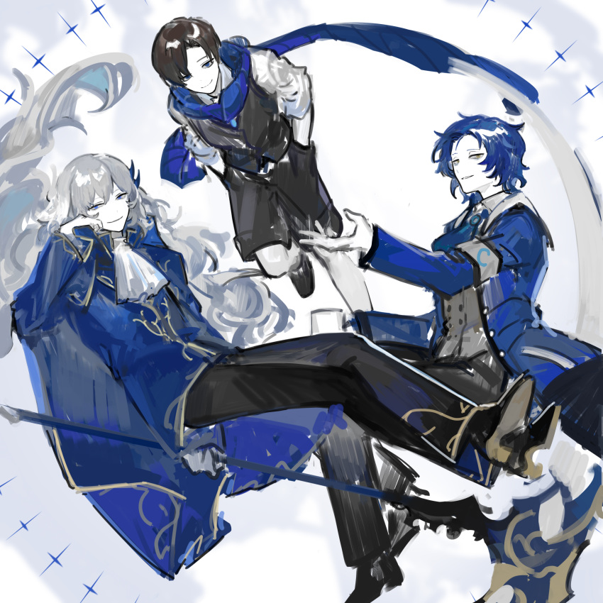 3boys argalia_(library_of_ruina) ascot black_hair black_pants black_shorts black_vest blue_ascot blue_cape blue_coat blue_eyes blue_hair blue_jacket blue_scarf blue_theme cape chesed_(project_moon) closed_mouth coat color_connection cup demian_(limbus_company) grey_vest highres jacket library_of_ruina limbus_company lobotomy_corporation long_hair long_sleeves looking_at_viewer mug multiple_boys nishikujic pants project_moon scarf shirt shorts smile very_long_hair vest white_ascot white_hair white_shirt yellow_eyes