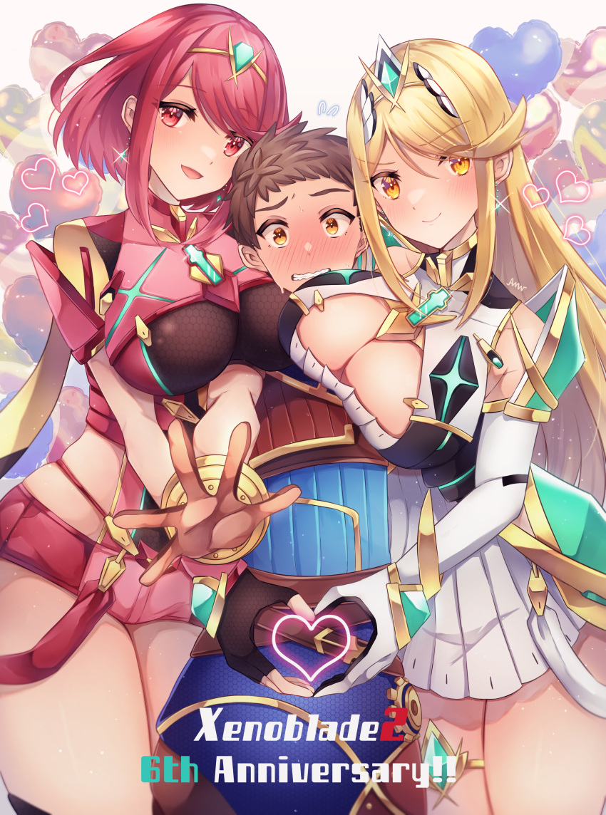 1boy 2girls absurdres amanoru_mozuku anniversary balloon black_gloves blonde_hair blush breasts brown_eyes brown_hair chest_jewel cleavage cleavage_cutout clothing_cutout commentary_request core_crystal_(xenoblade) dress drop_earrings earrings elbow_gloves english_text fingerless_gloves girl_sandwich gloves happy_anniversary heart heart_balloon heart_hands heart_hands_duo highres jewelry large_breasts mixed-language_commentary multiple_girls mythra_(xenoblade) outstretched_arm pyra_(xenoblade) red_eyes red_hair red_shorts rex_(xenoblade) sandwiched short_dress short_hair short_shorts shorts simple_background skindentation smile swept_bangs thigh_strap tiara two-tone_gloves white_dress white_gloves xenoblade_chronicles_(series) xenoblade_chronicles_2 yellow_eyes