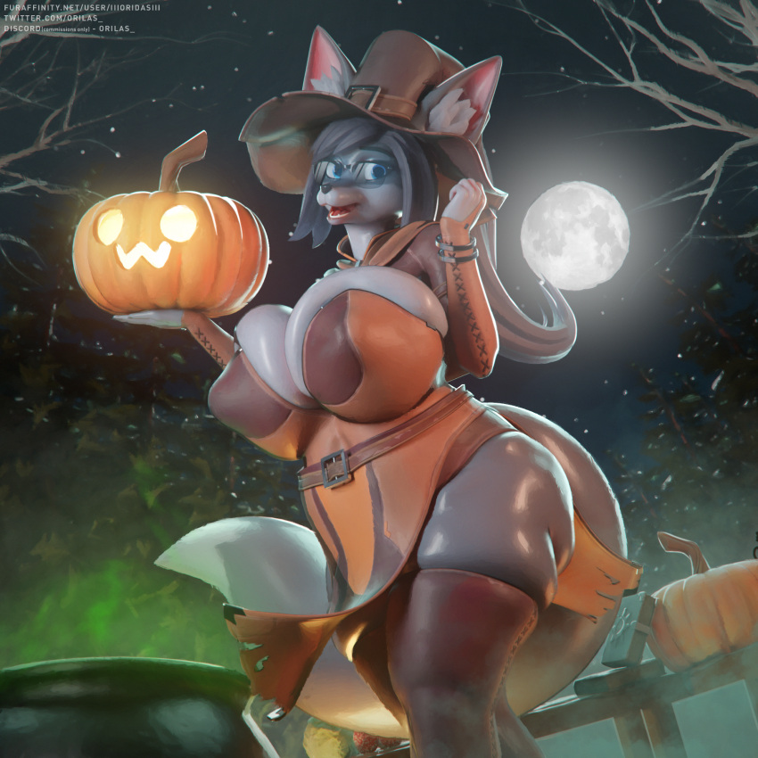 2023 3d_(artwork) anthro big_breasts blender_(software) blue_eyes bra breast_squish breasts canid canine clothed clothing dark_body detailed_background digital_media_(artwork) eyewear female female/female food forest forest_background fruit glasses halloween hat headgear headwear hi_res hilwu holding_object holidays huge_breasts legwear looking_at_viewer magic_user mammal nature nature_background open_mouth orilas plant pumpkin smile solo squish thick_thighs tree underwear wide_hips witch witch_costume witch_hat