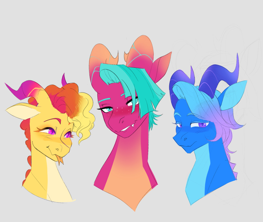 aztrial blaize_skysong_(mlp) blonde_hair blue_body blue_hair blue_scales dragon forked_tongue gradient_hair group hair hasbro hi_res horn mlp_g5 my_little_pony orange_hair portrait purple_body purple_hair purple_scales scales tongue tongue_out trio turquoise_hair yellow_body yellow_scales