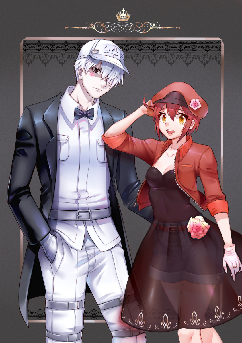 1boy 1girl :d :| absurdres adjusting_clothes adjusting_headwear ae-3803 ahoge alternate_costume arm_at_side baseball_cap belt belt_buckle black_bow black_bowtie black_jacket black_pants blue_shorts blush bow bowtie breast_pocket breasts brown_eyes buckle cabbie_hat chinese_commentary cleavage closed_mouth clothes_writing collarbone colored_skin commentary couple covered_navel cowboy_shot cropped_jacket crown denim denim_shorts dress dress_flower dress_shirt flower formal gloves grey_background grey_belt hair_over_one_eye hand_in_pocket hand_on_another's_waist hand_up hat hat_flower hataraku_saibou head_tilt height_difference highres hy_(hungyu) jacket jewelry lace_border long_bangs long_jacket long_sleeves looking_at_viewer open_clothes open_jacket open_mouth pale_skin pants pink_flower pocket red_belt red_blood_cell_(hataraku_saibou) red_hair red_headwear red_jacket ring see-through see-through_dress shaded_face shirt short_hair short_shorts short_sleeves shorts shorts_under_dress side-by-side single_glove smile suit teeth tuxedo_jacket u-1146 uniform upper_teeth_only very_short_hair white_blood_cell_(hataraku_saibou) white_gloves white_hair white_headwear white_shirt white_skin yellow_eyes
