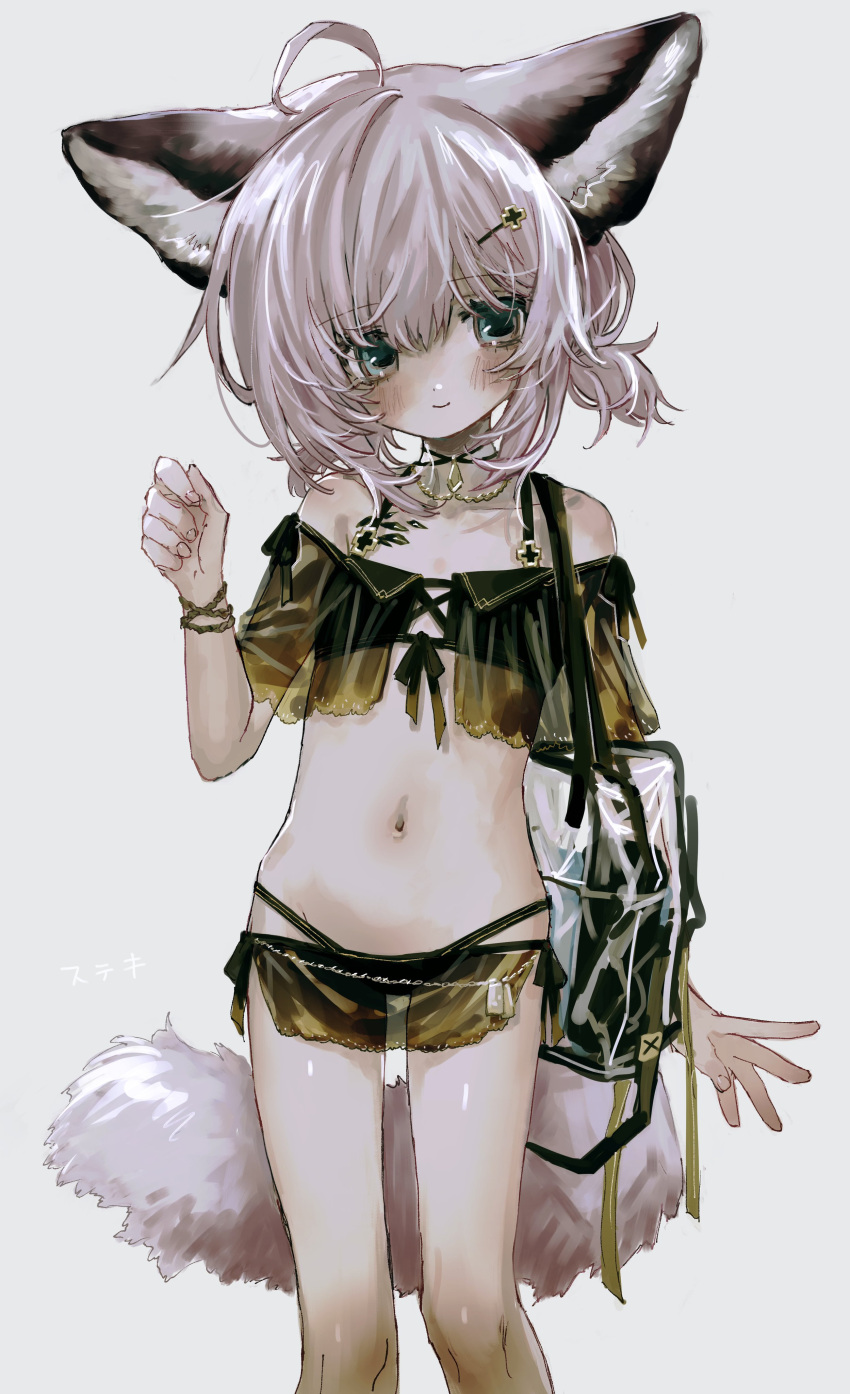 1girl absurdres ahoge animal_ears arknights bag bikini black_bikini blue_eyes blush bracelet clenched_hand closed_mouth feet_out_of_frame fox_ears fox_girl fox_tail front-tie_bikini_top front-tie_top hair_ornament hairclip hand_up highres hip_bones jewelry looking_at_viewer low_twintails navel oripathy_lesion_(arknights) pendant_choker pigeon-toed pink_hair short_twintails shoulder_bag simple_background skinny smile solo standing sussurro_(arknights) sussurro_(summer_flowers)_(arknights) swimsuit tail trtrttrrrrrr twintails white_background