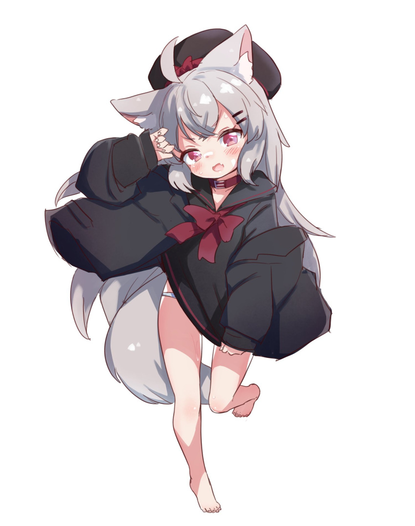 1girl ahoge animal_ear_fluff animal_ears arm_up bare_legs barefoot belt_collar black_coat black_headwear black_sailor_collar black_shirt blush borrowed_character bow coat coat_partially_removed collar commentary done_(donezumi) fang full_body grey_hair hair_ornament hairclip head_tilt highres leg_up long_hair long_sleeves open_clothes open_coat open_mouth original panties panty_peek pink_eyes red_bow red_collar rir-chan sailor_collar shirt shirt_bow simple_background solo standing standing_on_one_leg striped striped_panties tail underwear white_background wind wolf_ears wolf_girl wolf_tail