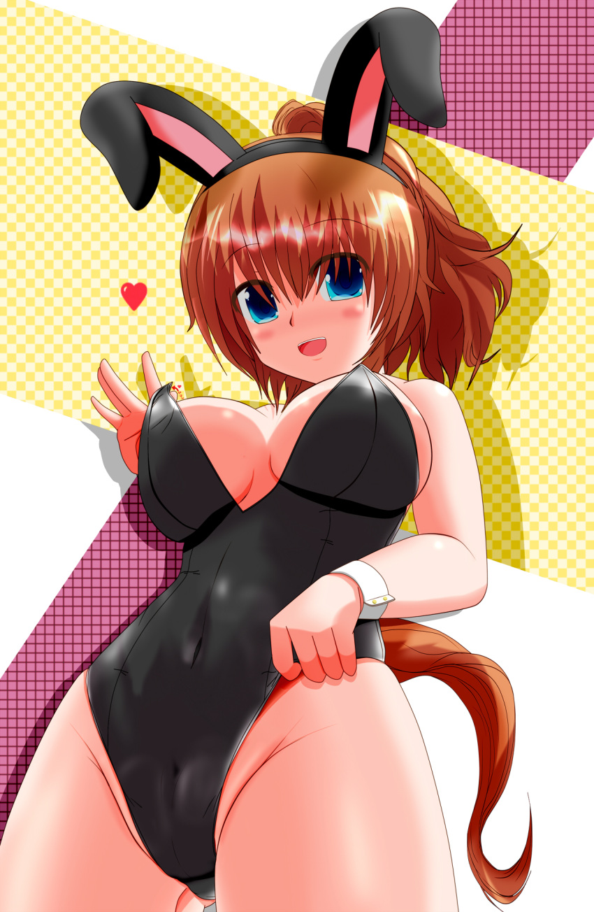 1girl animal_ears ass_visible_through_thighs bare_shoulders black_leotard blue_eyes breasts brown_hair cleavage commentary_request covered_navel ear_covers fake_animal_ears highleg highres horse_ears horse_girl horse_tail large_breasts leotard medium_hair multicolored_background ponytail smile solo strapless strapless_leotard taiki_shuttle_(umamusume) tail tkka umamusume underboob wrist_cuffs