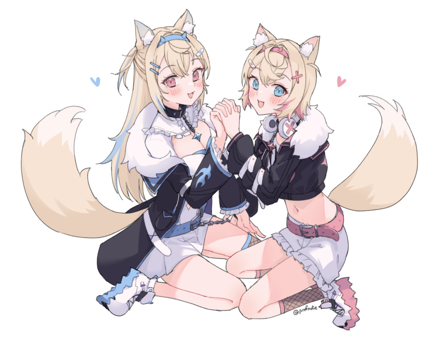 2girls :d animal_ear_fluff animal_ears bandaid_hair_ornament belt belt_buckle belt_collar black_collar black_jacket blonde_hair blue_belt blue_eyes blue_hair blush breasts buckle center_frills chain cleavage clothing_cutout collar colored_inner_animal_ears colored_shoe_soles crop_top cropped_jacket crossed_bangs detached_collar dog_ears dog_girl dog_tail double-parted_bangs dress fake_horns fishnet_thighhighs fishnets flame_print flat_chest frilled_collar frilled_sleeves frills fur-trimmed_jacket fur_collar fur_trim fuwawa_abyssgard hair_intakes hair_ornament hairband hairclip headphones headphones_around_neck heart highres holding_hands hololive hololive_english horns jacket kneehighs large_breasts long_hair long_sleeves looking_at_viewer midriff mococo_abyssgard multicolored_hair multiple_girls navel open_clothes open_jacket open_mouth over-kneehighs pink_belt pink_eyes pink_hair pink_hairband profnote puffy_long_sleeves puffy_sleeves shirt shoes short_hair short_shorts shorts siblings sidelocks simple_background single_over-kneehigh single_thighhigh sitting smile sneakers socks spiked_collar spiked_hairband spikes streaked_hair tail thighhighs twins twitter_username two_side_up virtual_youtuber white_background white_dress white_footwear white_shirt white_shorts x_hair_ornament