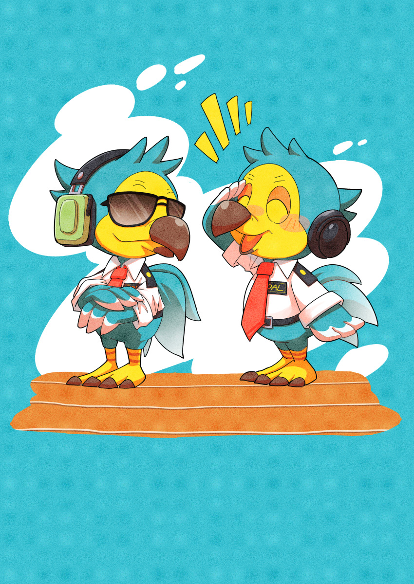 2020 absurd_res animal_crossing anthro avian beak belt bird blue_background blue_body blue_feathers chibi clothing columbid digital_media_(artwork) dodo duo eyes_closed eyewear feathers gesture headphones hi_res male necktie nintendo orville_(animal_crossing) salute satojoyu simple_background smile standing sunglasses uniform wilbur_(animal_crossing)