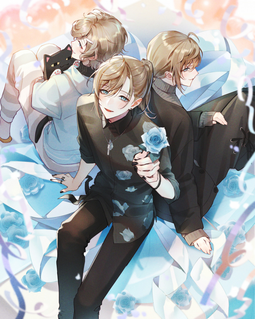 3boys absurdres ahoge black_nails black_pants blue_eyes blue_flower blue_jacket blue_rose bracelet brown_hair dress_shirt flower grey_sweater hair_ornament hairclip highres jacket jewelry kanae_(14th_costume)_(nijisanji) kanae_(1st_costume)_(nijisanji) kanae_(8th_costume)_(nijisanji) kanae_(nijisanji) male_focus mole mole_under_eye multiple_boys multiple_rings multiple_views necklace nijisanji pants ponytail ring rose roto_(kanae) rta shirt sitting striped striped_pants stuffed_animal stuffed_cat stuffed_toy sweater virtual_youtuber wavy_hair