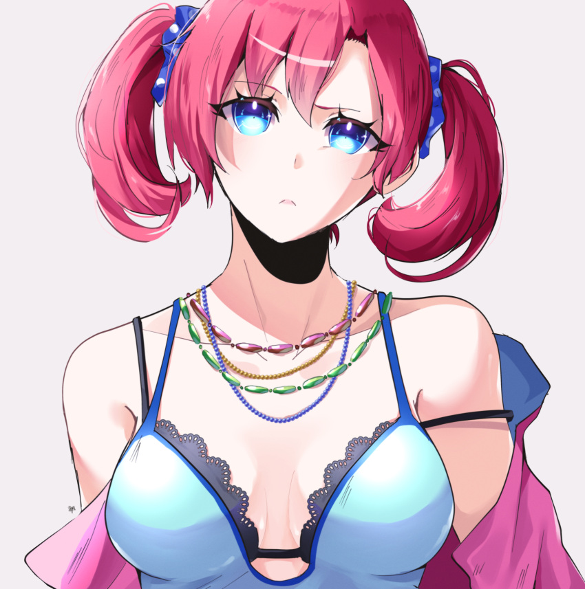 1girl bead_necklace beads black_bra blue_camisole blue_eyes bra breasts camisole commentary digimon digimon_story:_cyber_sleuth highres jacket jewelry lury.sgh medium_breasts necklace off_shoulder pink_jacket red_hair shiramine_nokia twintails underwear