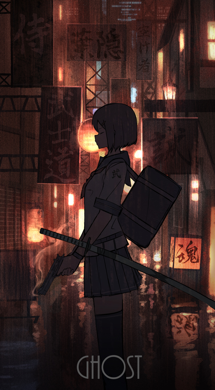 1girl absurdres alley bag black_thighhighs blue_sailor_collar blue_skirt bob_cut brown_hair building city city_lights cityscape closed_eyes closed_mouth commentary english_commentary feet_out_of_frame from_side gun hair_ornament hairclip handgun highres holding holding_gun holding_weapon katana lantern mixed-language_commentary night original outdoors pasoputi pleated_skirt profile rain sailor_collar school_bag school_uniform serafuku sheath sheathed shirt short_hair short_sleeves sign skirt smoke smoking_gun solo standing sword thighhighs translation_request weapon white_shirt window zettai_ryouiki