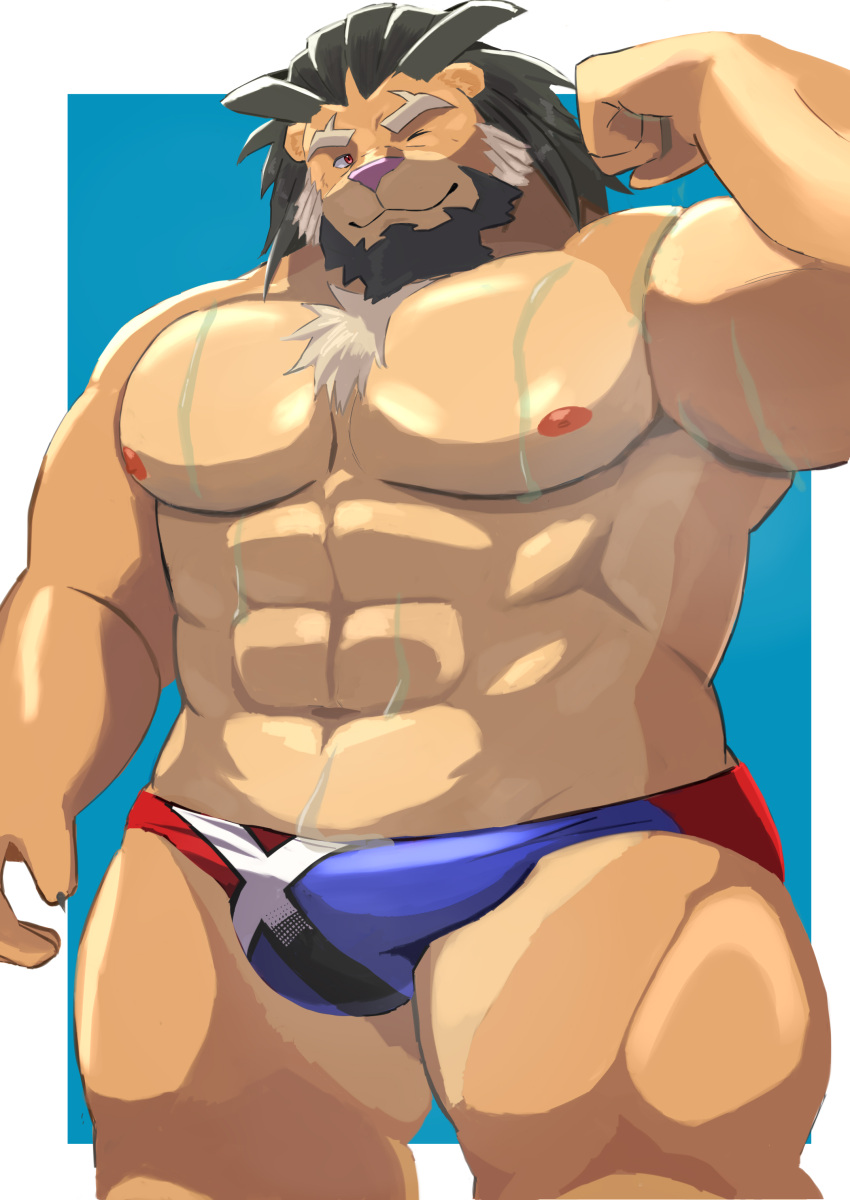 9dtq0 abs absurd_res anthro arsalan biceps bulge clothing felid flexing hi_res lifewonders lion male mammal mature_male muscular muscular_anthro muscular_male nipples one_eye_closed pantherine pecs solo speedo swimwear tokyo_afterschool_summoners wet wet_body wink