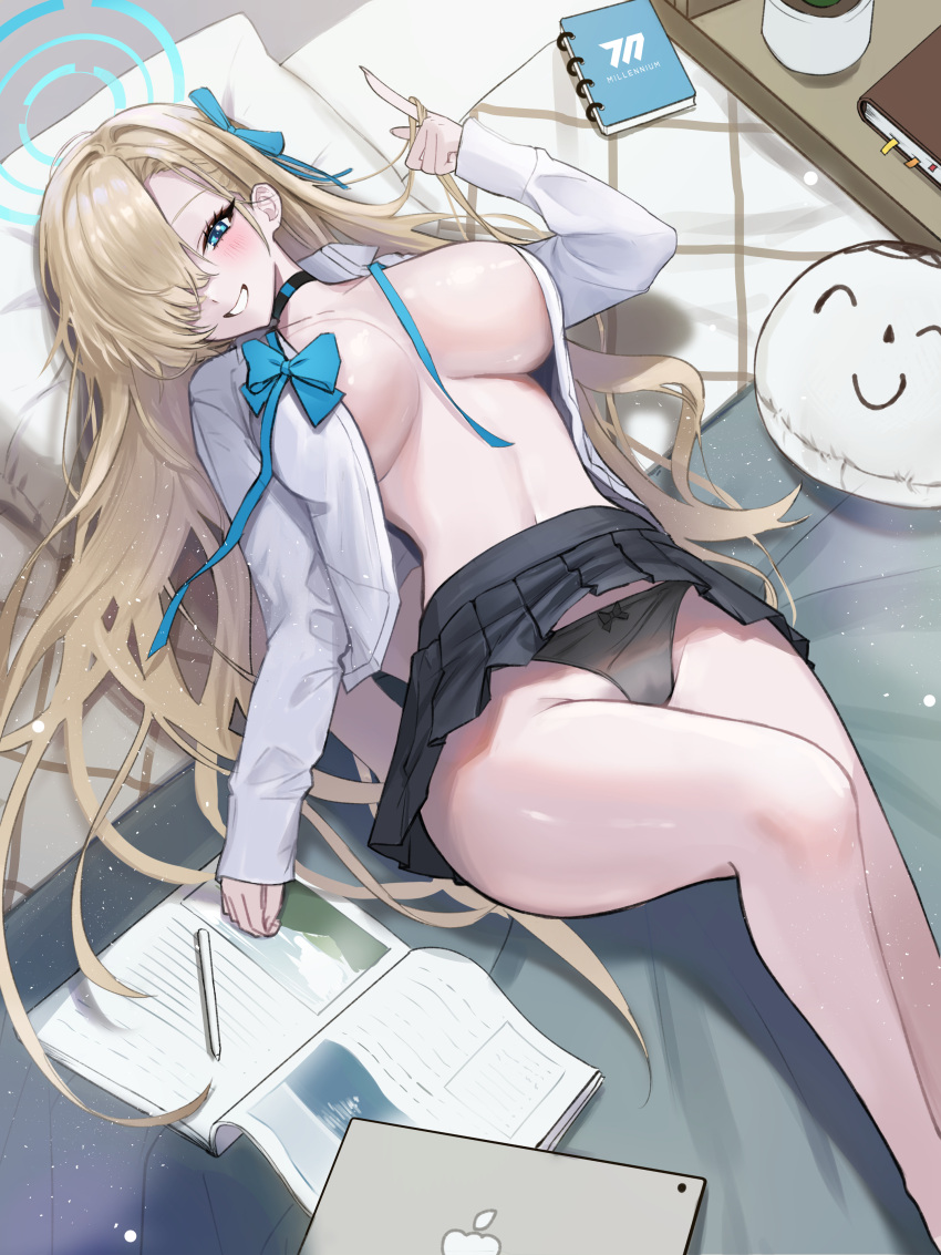 1girl absurdres arona's_sensei_doodle_(blue_archive) asuna_(blue_archive) asymmetrical_bangs bare_legs black_panties black_skirt blue_archive blush breasts feet_out_of_frame hair_over_one_eye hair_spread_out halo highres hovaku knee_up large_breasts light_brown_hair long_hair looking_at_viewer lying miniskirt navel on_back one_eye_covered open_clothes open_shirt panties pleated_skirt school_uniform sensei_(blue_archive) shirt skirt smile solo tablet_pc underwear undone_bowtie upskirt very_long_hair white_shirt
