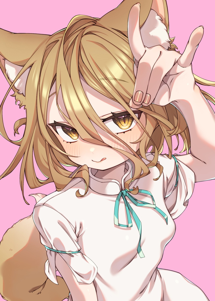 1girl :q absurdres animal_ear_fluff animal_ears blonde_hair blush breasts commentary_request e_sdss fingernails fox_ears fox_shadow_puppet from_above half-closed_eyes hand_up highres kudamaki_tsukasa looking_at_viewer medium_hair pink_background small_breasts solo tongue tongue_out touhou white_romper yellow_eyes