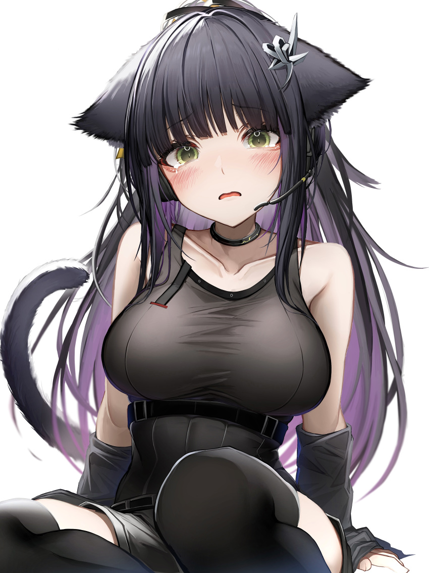 1girl absurdres animal_ears arknights black_hair black_shorts black_thighhighs blush breasts cat_ears cat_tail green_eyes hair_ornament headset highres implied_extra_ears jessica_(arknights) jessica_the_liberated_(arknights) large_breasts long_hair looking_at_viewer official_alternate_costume open_mouth purple_hair shorts sidelocks simple_background solo tab_head tail tearing_up thighhighs white_background