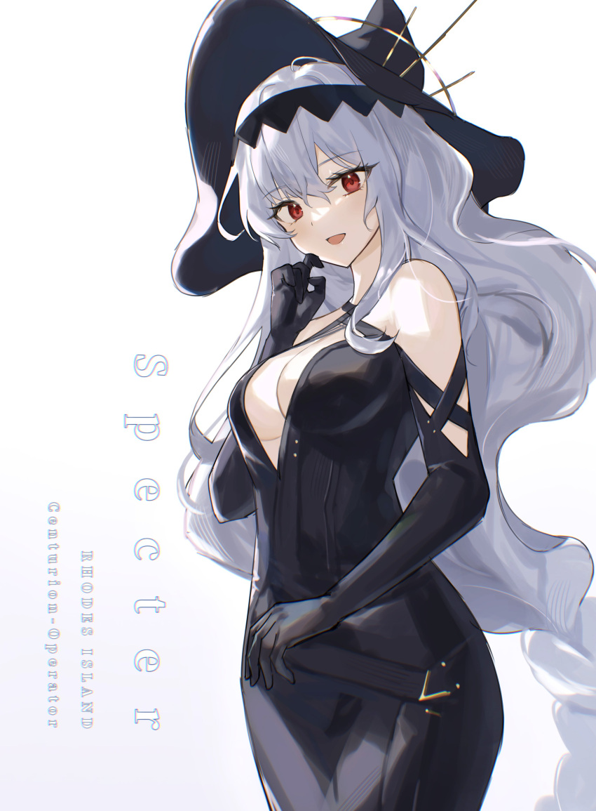 1girl 2naom8q6gt87292 absurdres arknights bare_shoulders black_dress breasts cleavage dress english_text finger_to_cheek halter_dress halterneck hat highres large_breasts long_hair looking_at_viewer red_eyes solo specter_(arknights) very_long_hair white_background white_hair