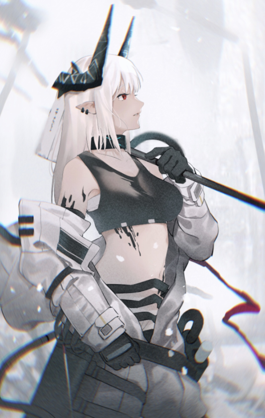 1girl arknights bare_shoulders black_choker black_gloves black_sports_bra blurry choker chromatic_aberration commentary cowboy_shot demon_horns ear_piercing gloves hammer highres holding holding_hammer horns igawa_hikaru infection_monitor_(arknights) jumpsuit midriff mudrock_(arknights) navel open_jumpsuit oripathy_lesion_(arknights) parted_lips piercing pointy_ears red_eyes solo sports_bra stomach war_hammer weapon white_hair white_jumpsuit