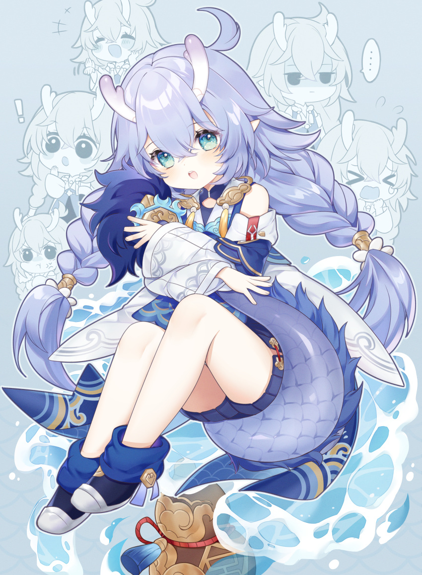 ! &gt;o&lt; ... 1girl absurdres aqua_eyes bailu_(honkai:_star_rail) blue_hair blue_scales blue_tassel blush braid chibi commentary_request crossed_bangs dragon_girl dragon_horns dragon_tail ears_visible_through_hair hair_between_eyes highres honkai:_star_rail honkai_(series) horns kaoruru_(sakuno2911) long_hair looking_at_viewer multiple_views pointy_ears scales spoken_ellipsis tail teeth twin_braids upper_teeth_only wavy_mouth