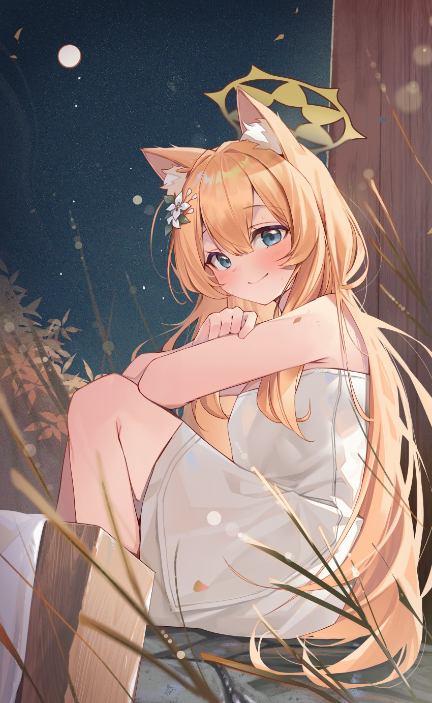 1girl absurdres animal_ear_fluff animal_ears blue_archive blue_eyes blush closed_mouth flower hair_flower hair_ornament halo highres kurobi_(netisz) long_hair mari_(blue_archive) naked_towel orange_hair smile solo towel white_flower white_towel yellow_halo