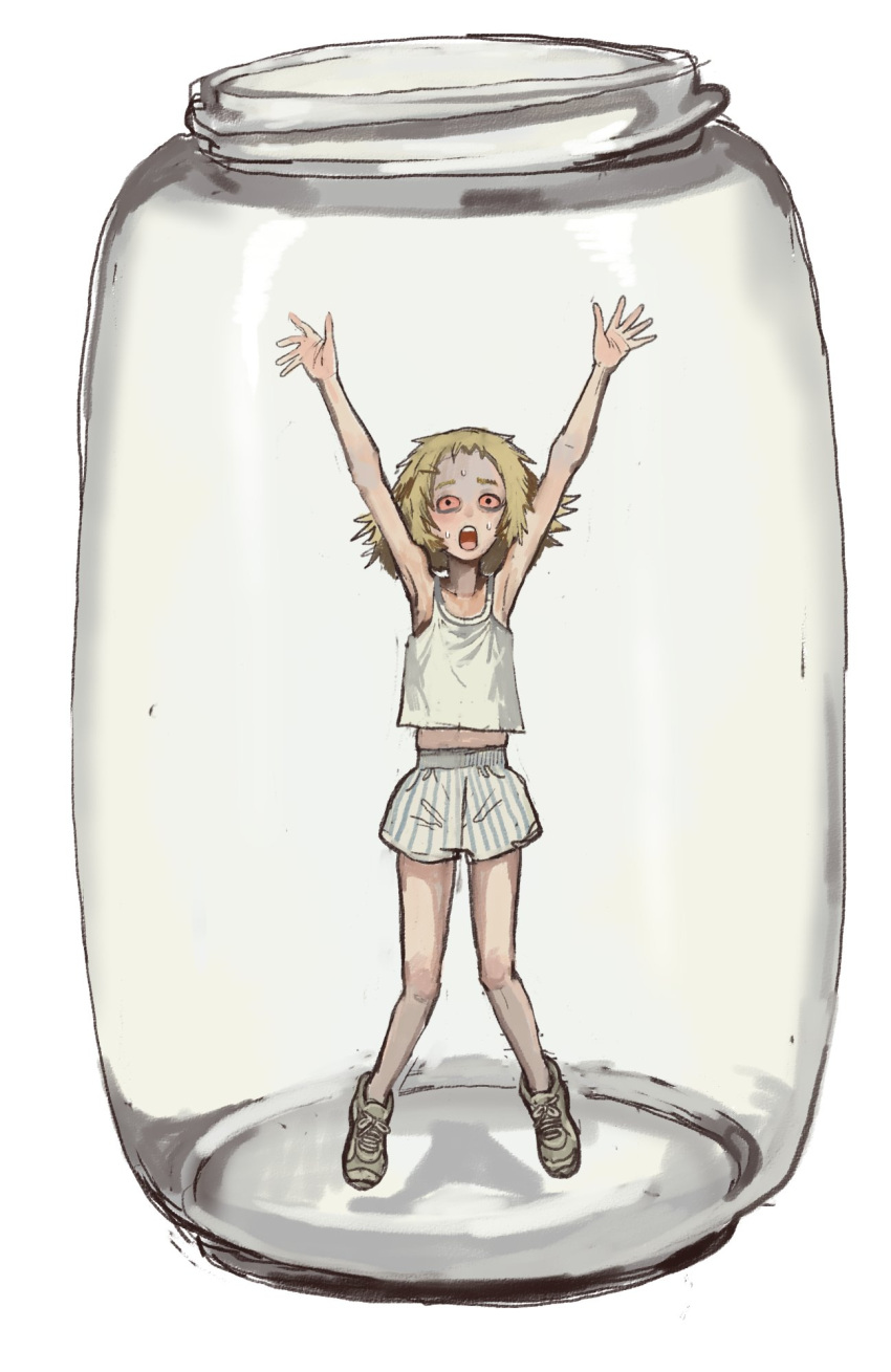 1girl arms_up blonde_hair coomer_(meme) despair highres in_jar jar male_underwear meme messy_hair mini_person mossacannibalis open_mouth original solo sweat tank_top underwear white_background white_footwear white_male_underwear white_tank_top wojak