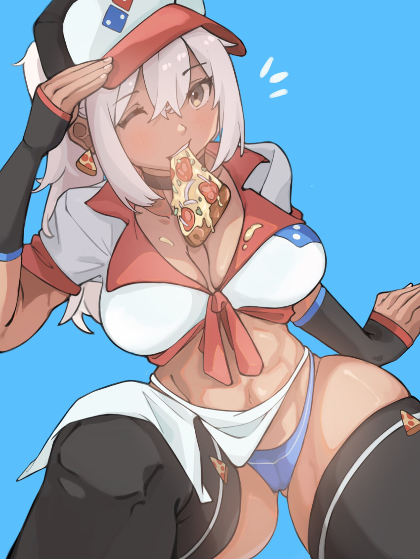 1girl abs arm_up black_thighhighs blue_background blue_panties borrowed_character breasts breasts_apart brown_eyes domino's_pizza earrings eating food food-themed_earrings highres jewelry long_hair looking_at_viewer mia_(scott_malin) mouth_hold one_eye_closed original panties pizza ponytail print_headwear print_shirt shirt short_sleeves sidelocks simple_background solo thighhighs tied_shirt underwear white_hair white_nails yangyu03